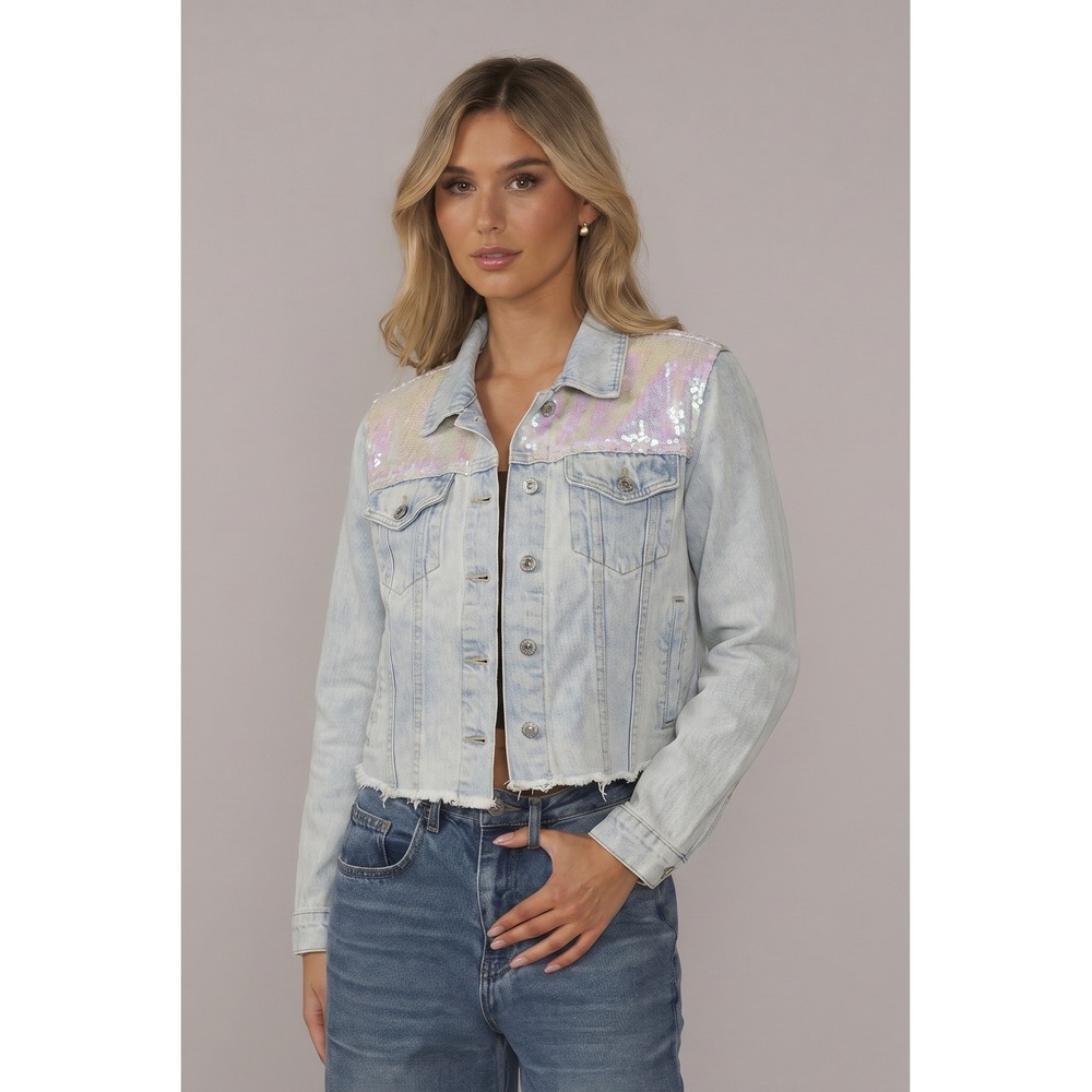 Sunset + Spring Iridescent‎ Sequin Denim Jacket Light Wash Raw Hem Cropped Blue